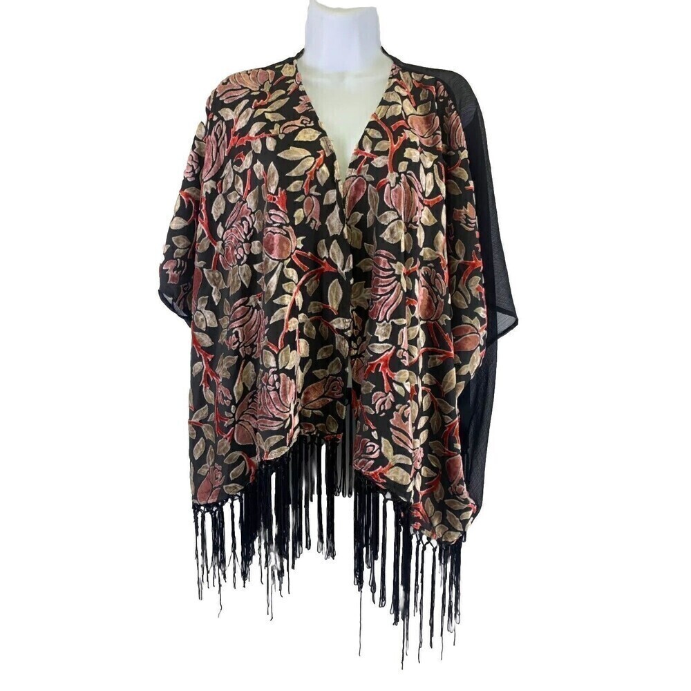 BOGO Hippie Laundry Fringe Kimono Cardigan Shrug Burnout Velvet Rose Floral Med